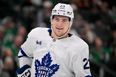 Toronto Maple Leafs forward Matthew Knies reacts during 2026 game.